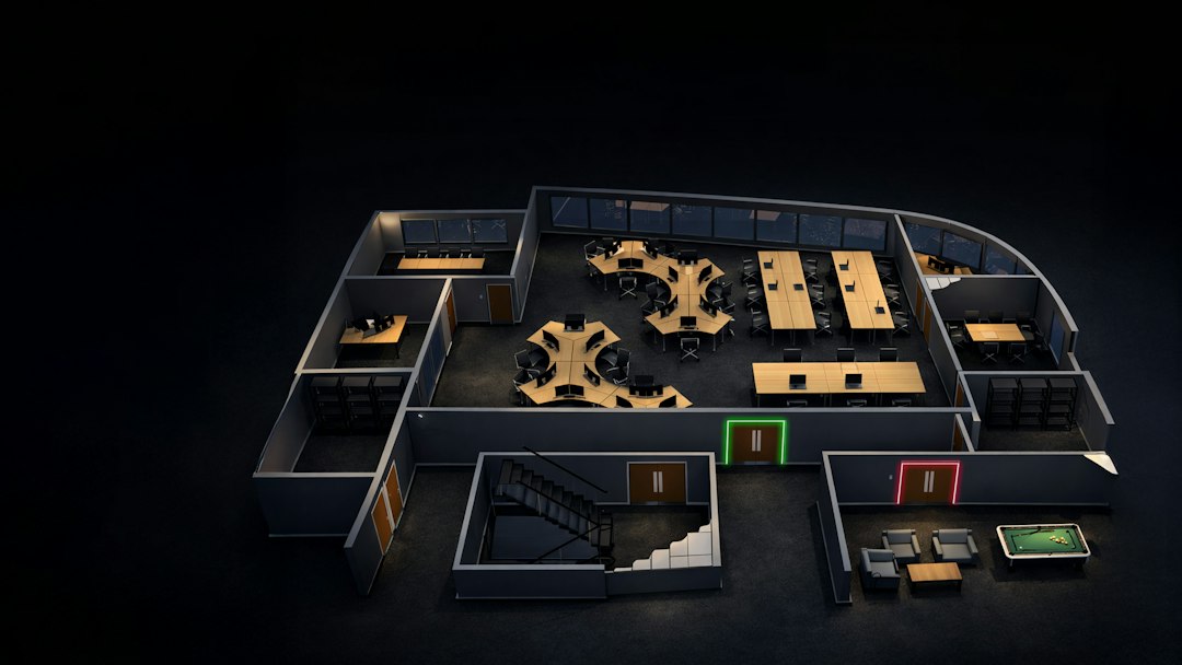A three-dimensional floor plan of an office floor with its rooms, stairs and doors laid out